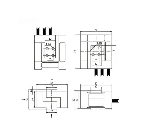 Technical drawing of Three Dimensional Force Sensor Multi Axis Load Cell for precise 3D force measurement, dimensions shown.
