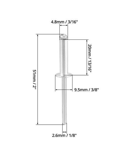 Aluminum Blind Rivets 3/16 By 3/4 Inch 500 Pack Silver side view with measurements and high strength aluminum mandrel