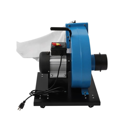 1HP Industrial Dust Collector With Wheels 550 CFM Airflow showing motor and bag filter, portable design for woodworking use.