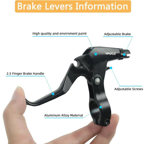Close-up of brake lever from Universal Bike Brakes Set Front And Rear For Mountain And Road Bikes with labels on features.