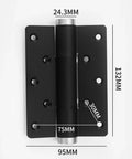 Front view of black concealed hydraulic cabinet hinge with silver pin; self-closing for cabinets, 132mm tall by 95mm wide.