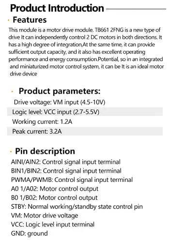 TB6612FNG Dual DC Motor Driver Module product introduction and features with parameters and pin description for DIY robots and hobby builds