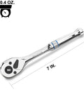 Three Eighths Inch Drive Ratchet With Ninety Tooth Quick Release Reversible Chrome Alloy Finish on white background