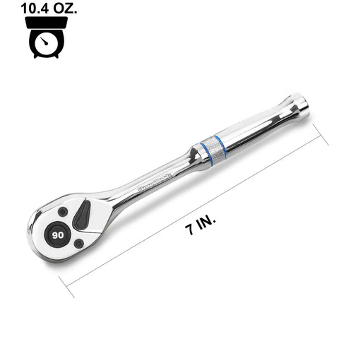 Three Eighths Inch Drive Ratchet With Ninety Tooth Quick Release Reversible Chrome Alloy Finish on white background