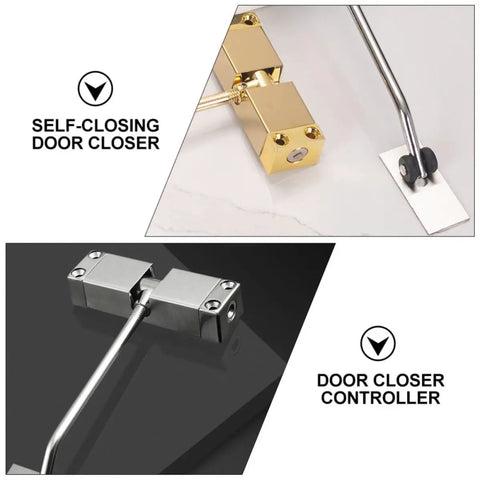 Automatic Door Closer For Home And School, Self Closing Door Mechanism Built From Aluminum Alloy And Cold Rolled Steel shown in gold and silver