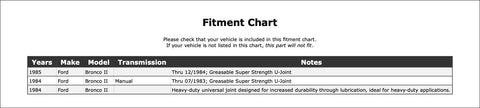 Premium Universal Joint For Ford Bronco Two 84 85 Fit Front Transfer Case Rear Drive Axle Cv At Transmission With Exceptional Quality And Performance To Rock Your Rig Today fitment chart for 1984-1985 Bronco II