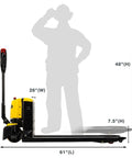 Heavy Duty 3300 Lbs Full Electric Pallet Jack With 7.5 Inch Lift Height And Thick 45 By 27 Inch Forks side view, dimensions shown.