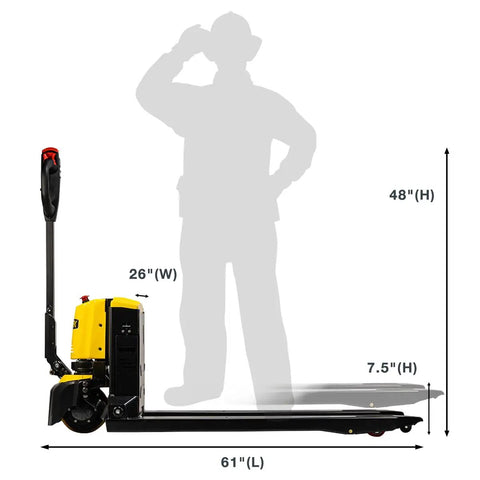 Heavy Duty 3300 Lbs Full Electric Pallet Jack With 7.5 Inch Lift Height And Thick 45 By 27 Inch Forks side view, dimensions shown.