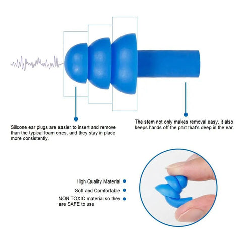 Blue soft reusable silicone ear plugs in hand, close-up, ideal for swimming, sleeping and concerts with 25 dB NRR