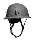 All Around Type 2 Class E Full Brim Non Vented Safety Hard Hat With 20kV Rating For Top Front Back And Side Impact Comfortable Adjustable Fit OSHA And ANSI Certified Grey side view showing chin strap