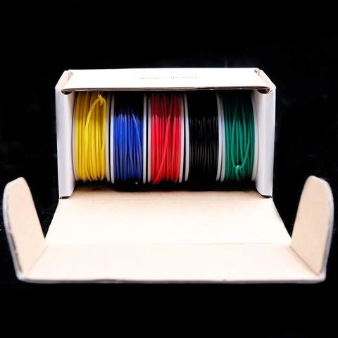 Five Pack 26Ft Copper Hookup Wire Kit 24 AWG Solid Core Jumper Wires Tinned Copper Color Coded For Breadboarding And DIY Electronics Projects Great For Low Voltage Wiring in box