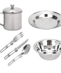 Portable Stainless Steel Outdoor Tableware Set For One includes mug, plate, bowl, fork, knife, spoon, rustproof camping cookware kit.