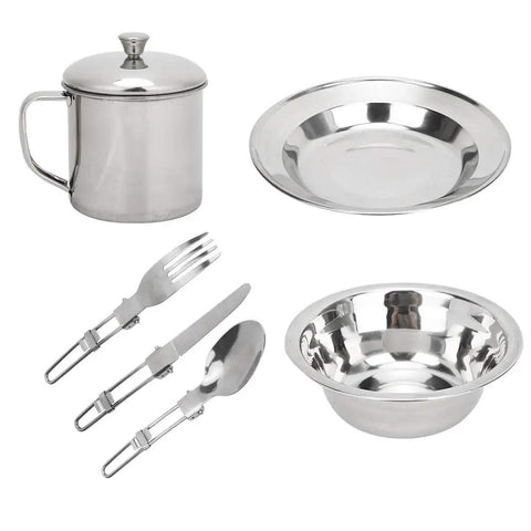 Portable Stainless Steel Outdoor Tableware Set For One includes mug, plate, bowl, fork, knife, spoon, rustproof camping cookware kit.