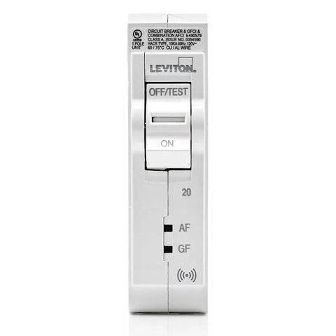 Front view of Smart AFCI Plug On Circuit Breaker, 20 Amp, 1 Pole, Hydraulic Magnetic, 120V White, with labels and switch.