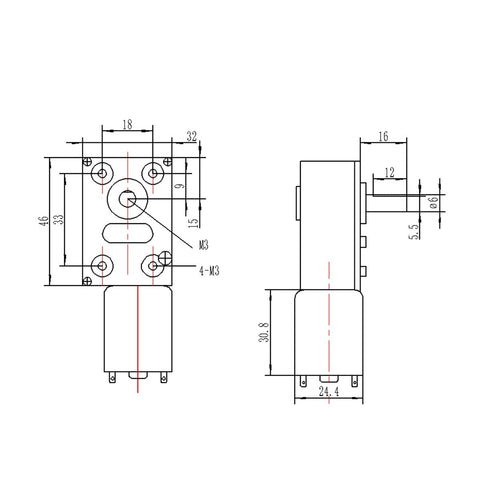 Curtain Robot Motor With 90 Degree Gearbox JGY370 technical drawing, dimensions labeled, side and top views, 6mm shaft