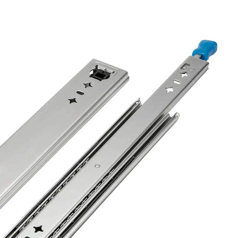 Built Tough Full Extension Ball Bearing Drawer Slides With Dead Bolt Lock And Silky Smooth Glide Silver cabinet runners close up view