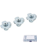 Close-up of 80 Piece Four Inch Carbon Steel T Nut 4 Prong Blind Nuts Kit For RVs Electronics And Furniture Projects with storage box