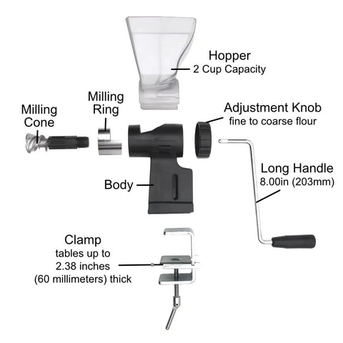 Parts of Hand Crank Grain Mill With Stainless Steel Burrs For Multi Grain Grinding Wheat Rice Oats Barley Rye Peppercorns And Spices Adjustable Coarseness From Cracked Grain To Fine Flour Durable Manual Wheat Flour Grinder For Fresh Baked Goods At Home laid out separately, including hopper, milling cone, and adjustment knob.