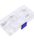 Transparent storage case of Eyeglass Repair Kit With Organized Storage Case For Quick Frame Fixes On The Go Includes Essential Tools For Friends And Family, Screwdrivers, Pliers, Wrenches, And Scratch Repair Accessories, showing small tools and accessories.