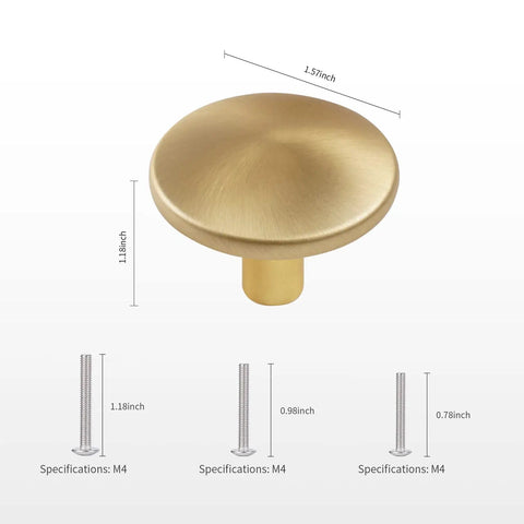 Six Pack 1.65 Inch Round Gold Cabinet Knobs With Brushed Finish Oversize Pulls For Drawers Dressers Closets Cabinets Great For Replacing Dresser Knobs And Cabinet Hardware Easy To Install with screw specifications.