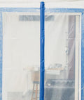 Front view of E-Z UP magnetic dust containment door kit: clear plastic door with blue magnetic strip.