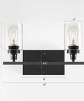 2 Light Black Industrial Bathroom Vanity Light Over Mirror Wall Sconce With Clear Glass Shades, dimensions shown