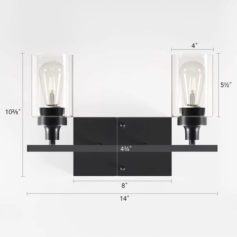 2 Light Black Industrial Bathroom Vanity Light Over Mirror Wall Sconce With Clear Glass Shades, dimensions shown