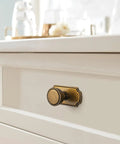 6 Pack Cabinet Knobs Antique Brass Zinc Alloy Backplates Kitchen Drawer Pulls Bathroom Handles mounted on a white drawer.