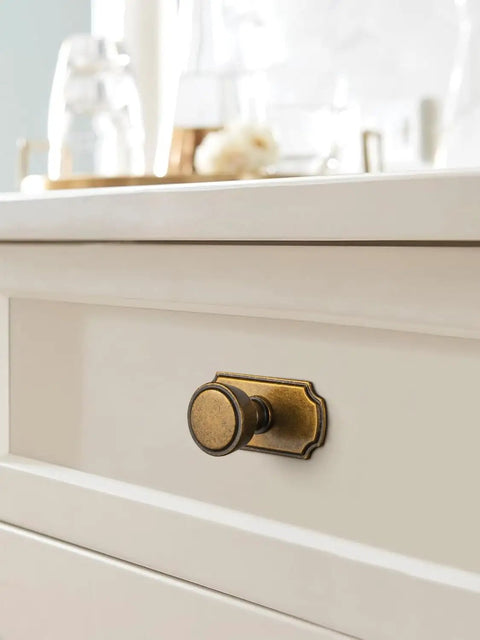 6 Pack Cabinet Knobs Antique Brass Zinc Alloy Backplates Kitchen Drawer Pulls Bathroom Handles mounted on a white drawer.