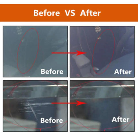 Glass Polishing Kit 34Pc Set For Windshields And Glass Scratch Remover Tool before and after scratch repair results.
