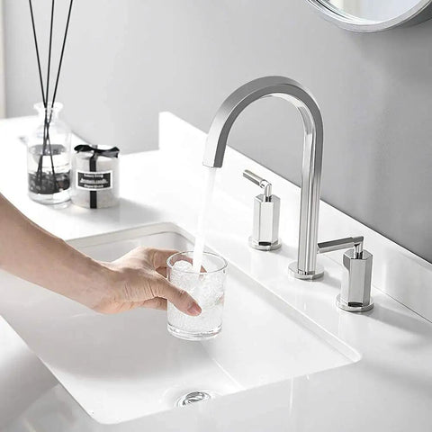 Two Handles Three Hole Hexagonal High Arch Polished Chrome Widespread Bathroom Faucet With Stainless Steel Pop Up Drain 8 Inch Center Set