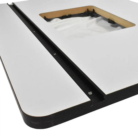Close-up of Premium 24 By 32 Router Table Top With Hella Smooth Low Friction Laminate Finish and Dead Nuts Stable One Inch MDF Base.