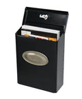 Locking Wall Mount Mailbox In Black Galvanized Steel With Medium Capacity, open view showing mail inserted and powder-coated finish.