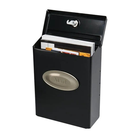 Locking Wall Mount Mailbox In Black Galvanized Steel With Medium Capacity, open view showing mail inserted and powder-coated finish.