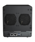 Back view of a black 4 Bay Diskless NAS with dual GBE ports, quad-core processor, and three USB 3.2 slots for reliable data management.