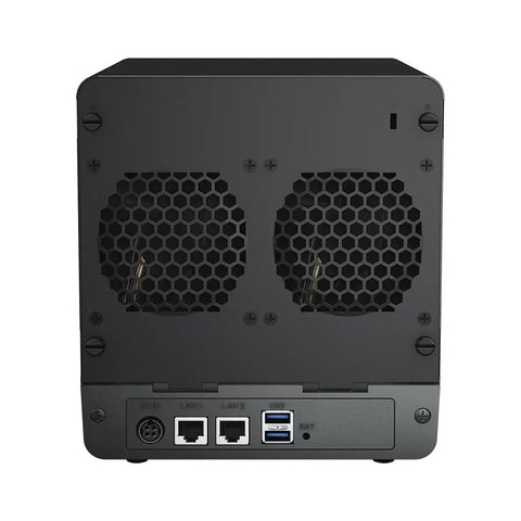 Back view of a black 4 Bay Diskless NAS with dual GBE ports, quad-core processor, and three USB 3.2 slots for reliable data management.