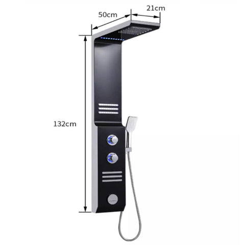 Ultra Slick Wall Mounted Bathroom Shower System Featuring Handheld Sprayer Led Ambient Light Four Position Wand Adjustments Breeze Setup Elevated Bath Vibes Premium White Finish, side view with dimensions.