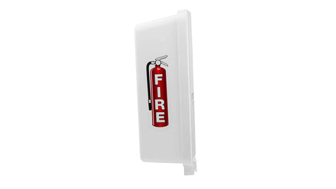 Six Pack White Outdoor Fire Extinguisher Cabinet With Clear Pull Cover For Ten Pound Fire Safety Gear side view with fire logo.