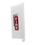 White Surface Mount Fire Extinguisher Cabinet With Clear Pull Cover, side view showing clear case and red fire extinguisher icon.