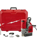 1-5/8 Inch Automatic Stop Electromagnetic Drill Kit With Tool Free Head Adjustment Annular Cutter Ready, includes case and accessories.