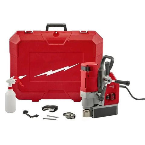 1-5/8 Inch Automatic Stop Electromagnetic Drill Kit With Tool Free Head Adjustment Annular Cutter Ready, includes case and accessories.