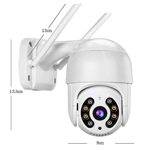 Watch Your Back 270 Degree PTZ Security Camera 1080P HD Outdoor AI Human Detection with night vision, mounted on a wall.