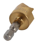 Close-up of countersink drill bit with brass head and 1/4 in hex shank for woodworking.