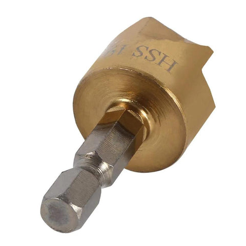 Close-up of countersink drill bit with brass head and 1/4 in hex shank for woodworking.