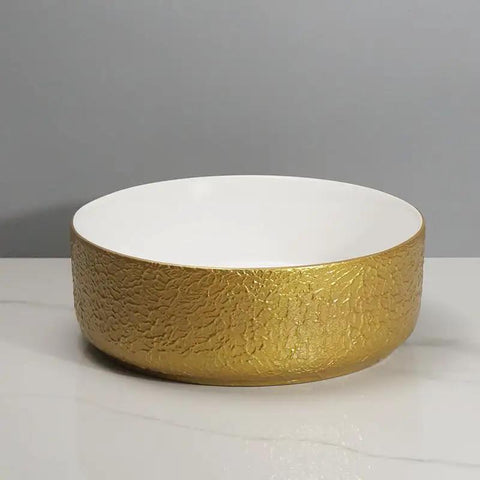Bathroom Sink Retro Household Golden Round Sink Light Luxury Texture Pattern Bathroom Above Counter Basin Balcony Wash Basin Bathroom Sink Vessel, 360 * 360 * 130Mm with textured golden exterior.