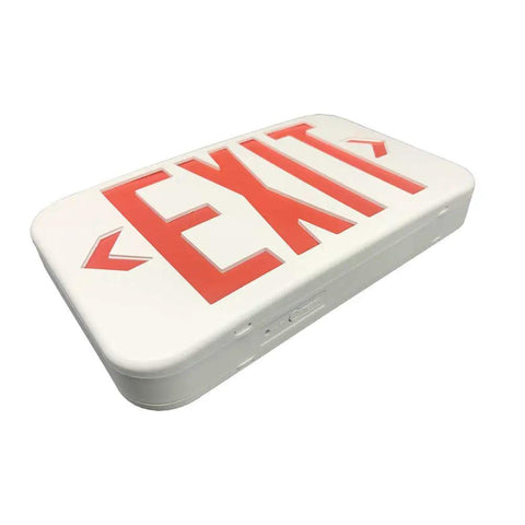LED Emergency Exit Sign Double Face With Battery Backup Kit in fire retardant ABS housing, UL Certified, angled view
