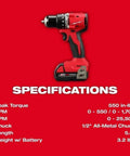 Hardcore Cordless Brushless Drill Driver Kit With One Half Inch Chuck And Hammer Capability Featuring All Day Runtime Top Shelf Performance And A Tough As Nails Design Made For Heavy Workloads And Professional Daily Use on a red background, showcasing specifications.