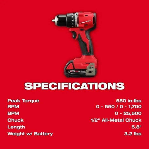 Hardcore Cordless Brushless Drill Driver Kit With One Half Inch Chuck And Hammer Capability Featuring All Day Runtime Top Shelf Performance And A Tough As Nails Design Made For Heavy Workloads And Professional Daily Use on a red background, showcasing specifications.