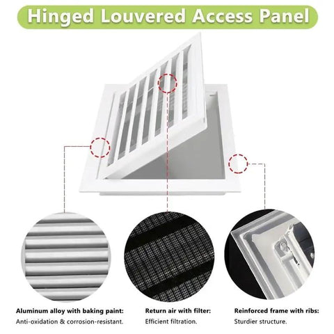 Top Shelf White Aluminum Louvered Ceiling Access Panel With Built In Filter Screen 38 By 40 Inches showing filter and hinge details.