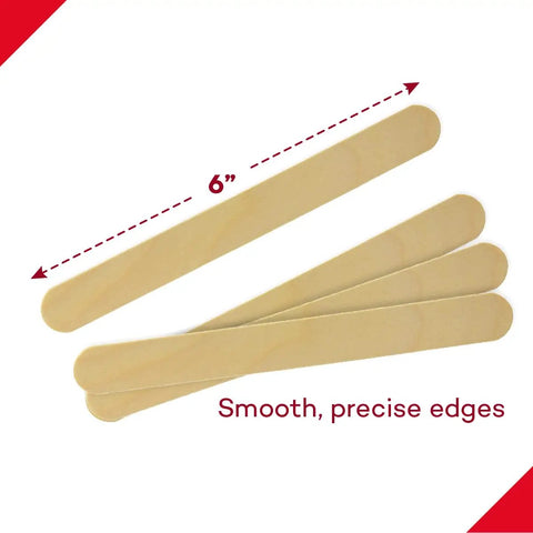 Heavy Duty Six Inch Wooden Tongue Depressors Bulk Pack Of Five Hundred Nonsterile Smooth Edged Diagnostic Sticks For Medical Practice And Crafting Supplies The Real Deal, showing four smooth hardwood sticks.